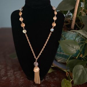 Vintage 50’s 60’s MidCentury Gold and Crystal Tassel Pendant Necklace Boho Glam